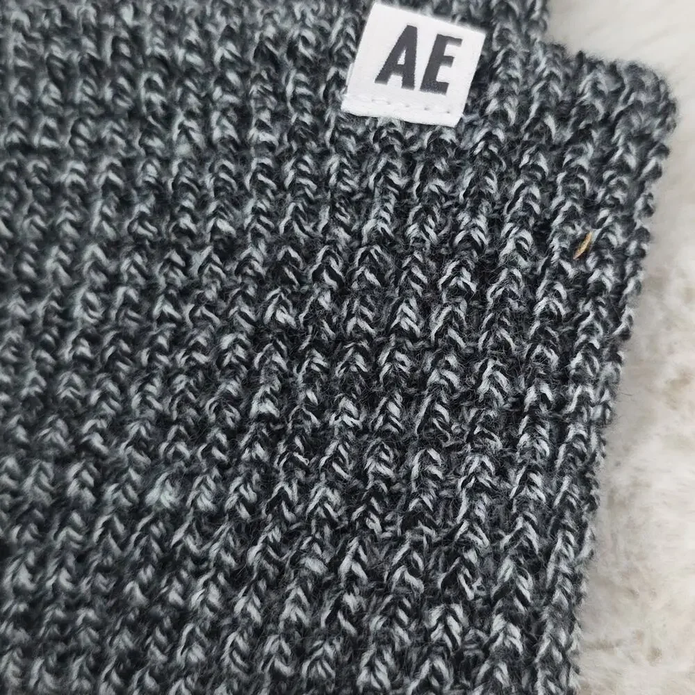 American Eagle Black Marbled Waffle Knit Beanie NEW Unisex Slouchy Winter Hat OS